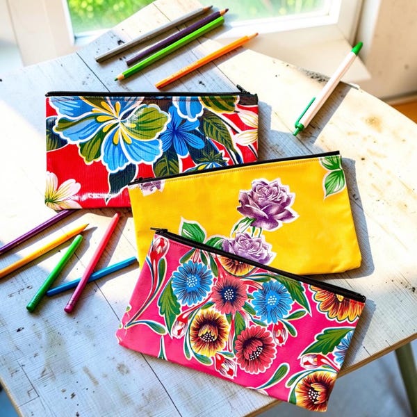 Love Shine Oil Cloth 10” Pencil Case, Cosmetic Case, Make Up Bag, Zippered Pouch