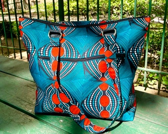 African Print Teal Orange Fabric Large Shoulder Tote Bag