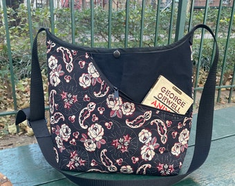 Black Rose Floral Bandanna Print Shoulder Tote Market Bag, Crossbody Bag