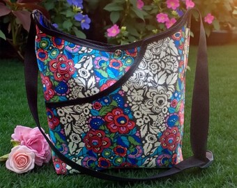 Cotton Floral Print  Market Bag, Crossbody Shoulder Bag,  Tote Bag