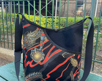 Asian Black and Gold Cotton Dragon Print  Market Bag, Crossbody Shoulder Bag,