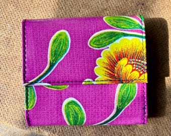 Love Shine Purple Floral Oil Cloth French Purse Wallet, Trifold Vinyl Wallet