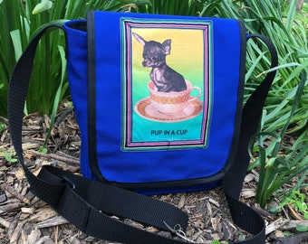 Pup in a Cup Canvas Day Bag,  Canvas Courier Bag, Messenger Bag, Chihuahua Bag