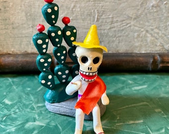 Man with Cactus Day of the Dead Ceramic Figurine, Nopal Calaca Dia de los Muertos Collectible Art