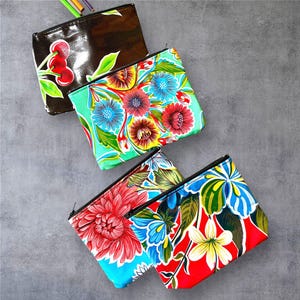 Floral Mexican Oil Cloth 7 “ Zippered Pouch, Cosmetic Case