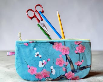Sage green plum blossom zipper pouch, cosmetic case, pencil case