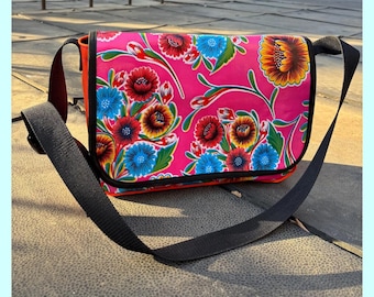 Pink Floral Oilcloth and Canvas Messenger Bag, Courier bag
