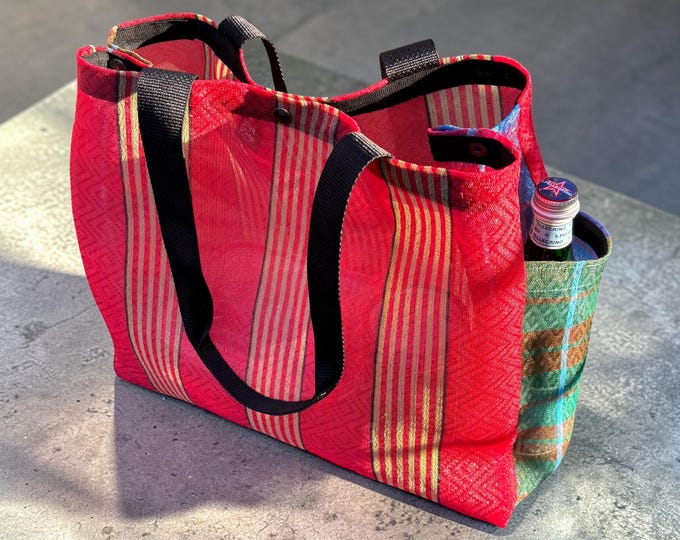 Featured listing image: Red Gold Stripe Mexican Woven Mesh Pocket Market Bag, Mercado Bag, Shopping Tote