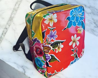 Orange Floral Patchwork Love Shine Oil Cloth Backpack, Lightweight Knapsack
