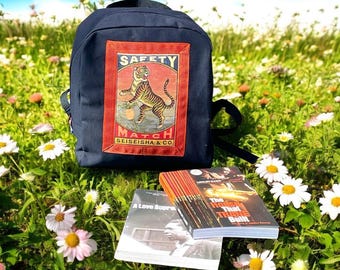 Vintage Matchbox Art Japanese Tiger Black Canvas Backpack, Knapsack
