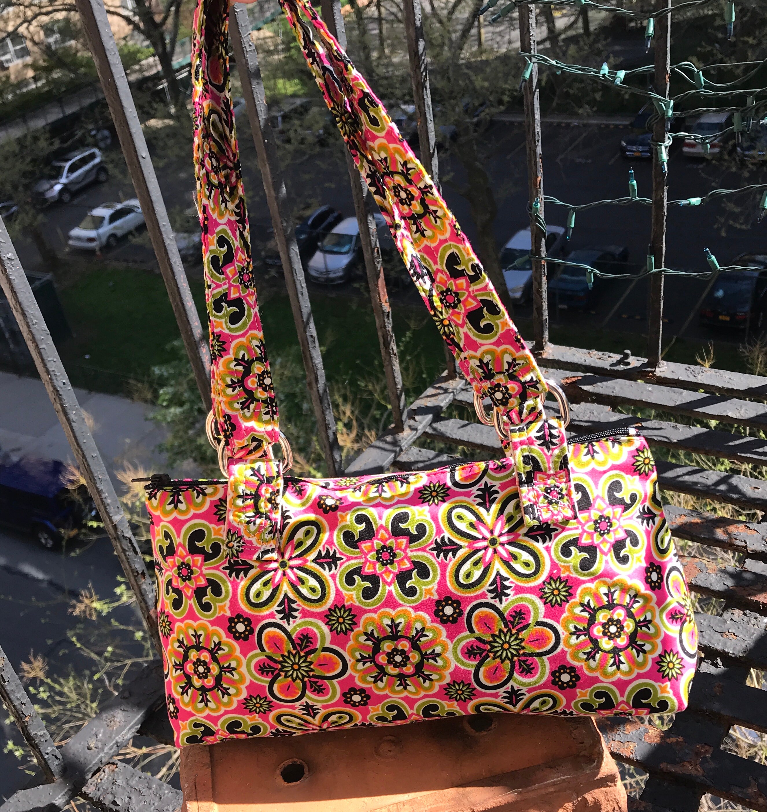 Hot Pink Cotton Print Floral Shoulder Bag, Handbag, Purse