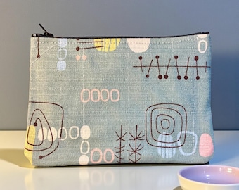 Sage Green Retro Mid Century Modern Cotton Print Pouch, 7” Cosmetic Case, Make Up Bag