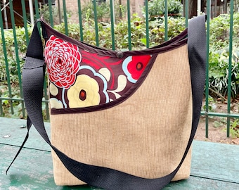 Brown Corduroy and Floral Peek a boo Market Bag, Love Shine Crossbody Corduroy Tote