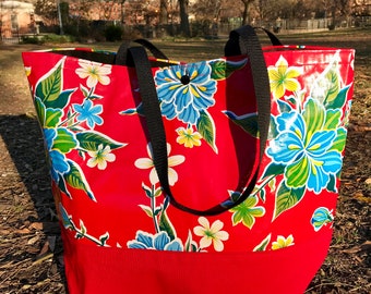 Red Floral Oil Cloth Beach Bag, Large Mexican Oil Cloth and Canvas Tote Bag