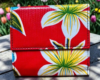 Love Shine Red Floral Oil Cloth Wallet, Vinyl Trifold  Wallet