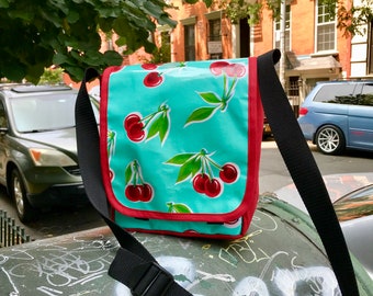 Turquoise Cherry Mexican Oil Cloth and Red Canvas Messenger Bag, Day Bag, Crossbody Courier