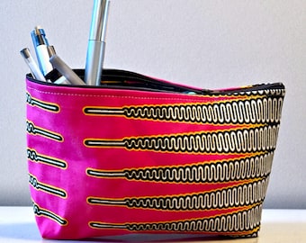 Pink African Wax Cloth Make Up Case, Cosmetic Bag, Toiletry Case, Zipper Pouch