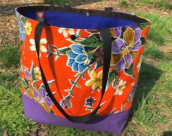 Large Orange Floral Oil Cloth Beach Bag, Canvas Vinyl Tote, Picnic Grocery Bag