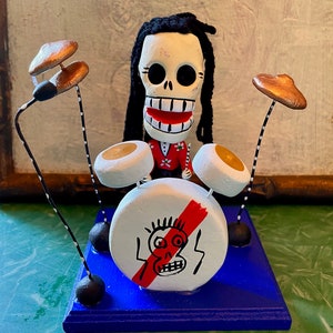 Deluxe Rasta Drummer Mexican Ceramic Day of Dead Figurine, Dia de los Muertos Mexican Folk Art
