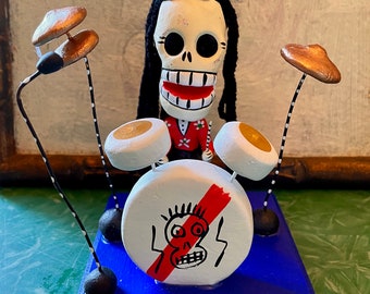 Deluxe Rasta Drummer Mexican Ceramic Day of Dead Figurine, Dia de los Muertos Mexican Folk Art