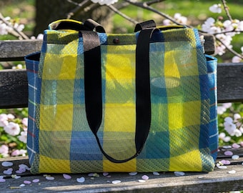 Blue and Yellow Plaid Mexican Mesh Pocket Market Bag, Mercado Bag, Shopping Tote