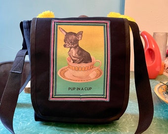 Pup in a Cup Canvas Day Bag,  Canvas Courier Bag, Messenger Bag, Chihuahua Bag