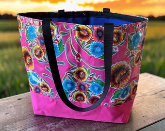 Pink Floral Oilcloth Beach Bag: Large Canvas Trimmed Tote
