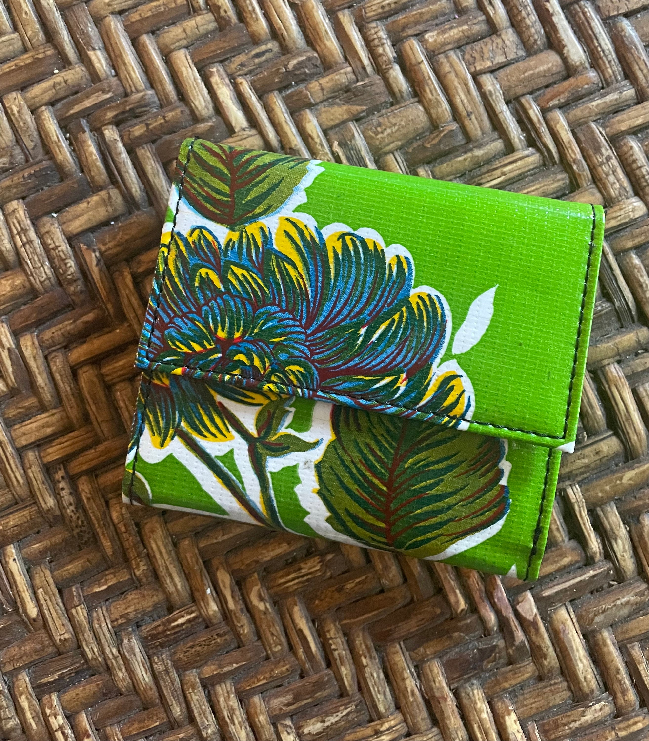 Green Floral Oil Cloth French Purse Trifold Wallet, Billfold