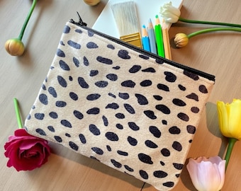 Animal Print Flocked Cotton 7” Pouch, Cosmetic Case, Make Up Bag