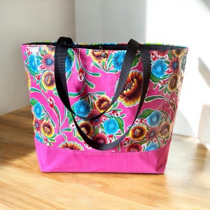 Pink Floral Oil Cloth Beach Bag, Large Oil Cloth and Canvas Trimmed Tote Bag