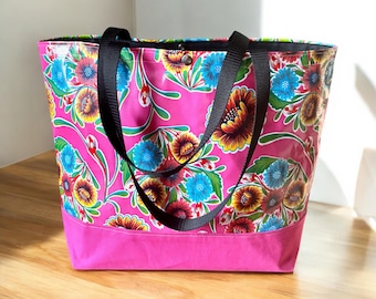 Pink Floral Oil Cloth Beach Bag, Large Oil Cloth and Canvas Trimmed Tote Bag