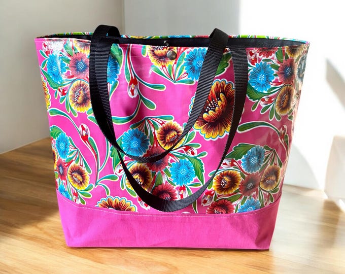 Featured listing image: Pink Floral Oilcloth Beach Bag: Large Canvas Trimmed Tote