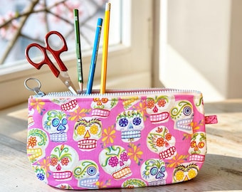 Pink sugar skull print zippered pouch bag, cosmetic case, pencil case