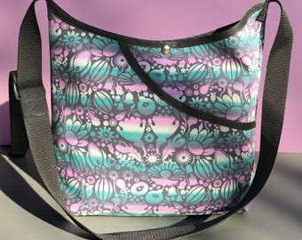 Teal Lilac Floral Cotton Print Market Bag, Crossbody Shoulder Bag