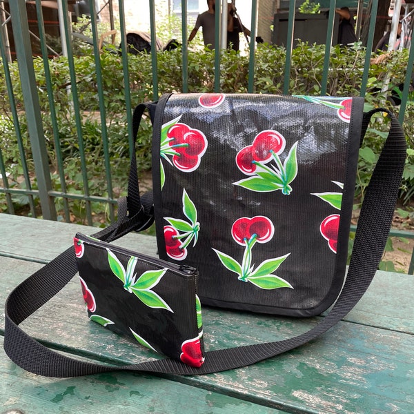 Black Cherry Oil Cloth and Canvas Messenger Day Bag with Cellphone Case, Crossbody Courier Bag