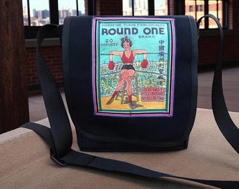 Boxing Girl Daybag, Canvas Messenger bag with Vintage Firecracker Box Design, Crossbody Shoulder Bag