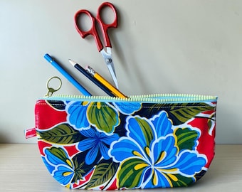 Red floral oil cloth zipper pouch, cosmetic case, pencil case