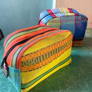 Love Shine Yellow Woven Mexican Mesh Patchwork Travel Dopp kit, Cosmetics Case, Make Up Bag