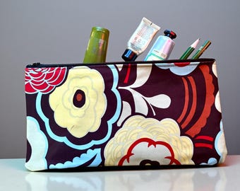 Brown Floral Cotton Print Coin Purse, Cosmetic Bag, Pencil Case