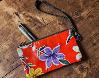 Floral Mexican Oil Cloth 7" Cellphone Case, Zippered Pouch with Wrist strap