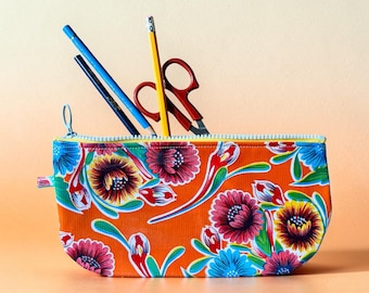 Orange floral oil cloth zipper pouch, cosmetic case, pencil case