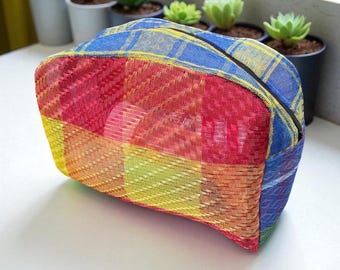 Love Shine Red Yellow Plaid Woven Mexican Mesh Patchwork Travel Dopp kit, Cosmetics Case, Make Up Bag