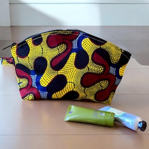 African Wax Cloth Makeup Bag: Yellow Blue Abstract Print, 11” Zipper Pouch