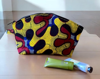 11” Yellow Blue African Wax Cloth Make Up Case, Cosmetic Bag, Toiletry Case, Zipper Pouch