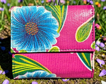 Love Shine Purple Floral Oil Cloth French Purse Wallet, Vinyl Trifold Wallet