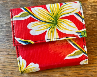 Red Floral Oil Cloth Trifold French Purse Wallet