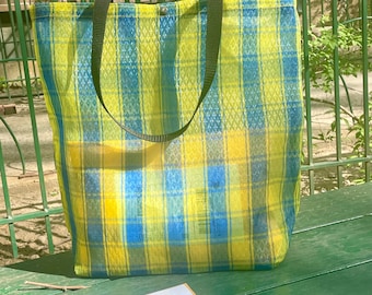 Large Blue Yellow Plaid Mexican Mesh Market Tote Bag, Mercado Bag, Beach Bag,