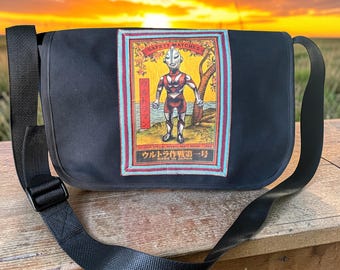 Vintage Japanese Robot Martian Canvas Messenger Bag, Matchbox Art Daybag, Courier Bag
