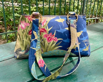 Metallic Gold and Floral Asian Cotton Print Shoulder Bag, Handbag Purse