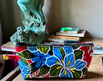 Floral Oil Cloth 10” Pouch , Cosmetic Case, Pencil Case